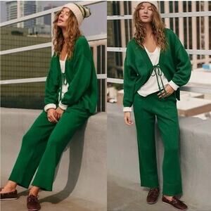 NEW! Free People FP Beach Solar Cardigan Pant Lounge Sweater Set Pine Green Med